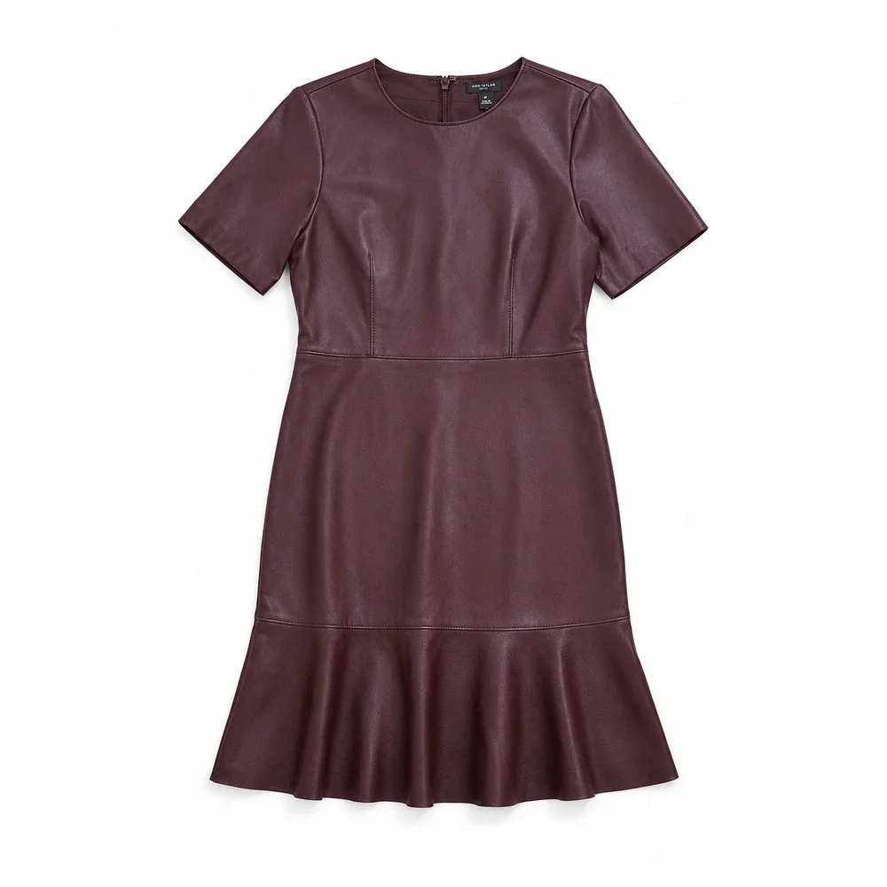 NWT Ann Taylor Petite Faux Leather Flounce Hem Dress Burgundy Wine 6 Work Office